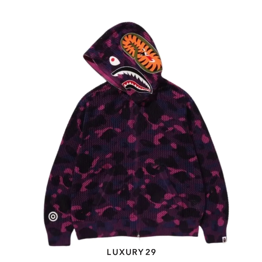 A Bathing Ape COLOR CAMO CROCHET RELAXED FIT SHARK FULL ZIP HOODIE Purple(XL, Purple)