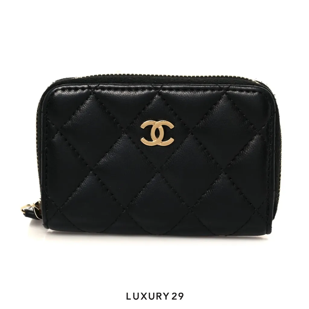Chanel Lambskin Quilted Zip Coin Purse Black Gold Tone(Small, Black)