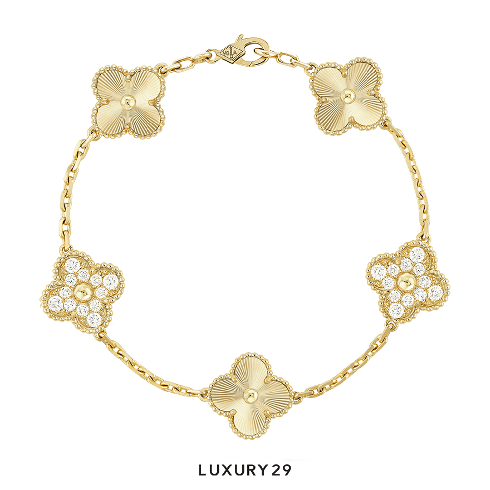 Van Cleef & Arpels Vintage Alhambra bracelet, 5 motifs 18K yellow gold, Diamond(Free Size, Gold)