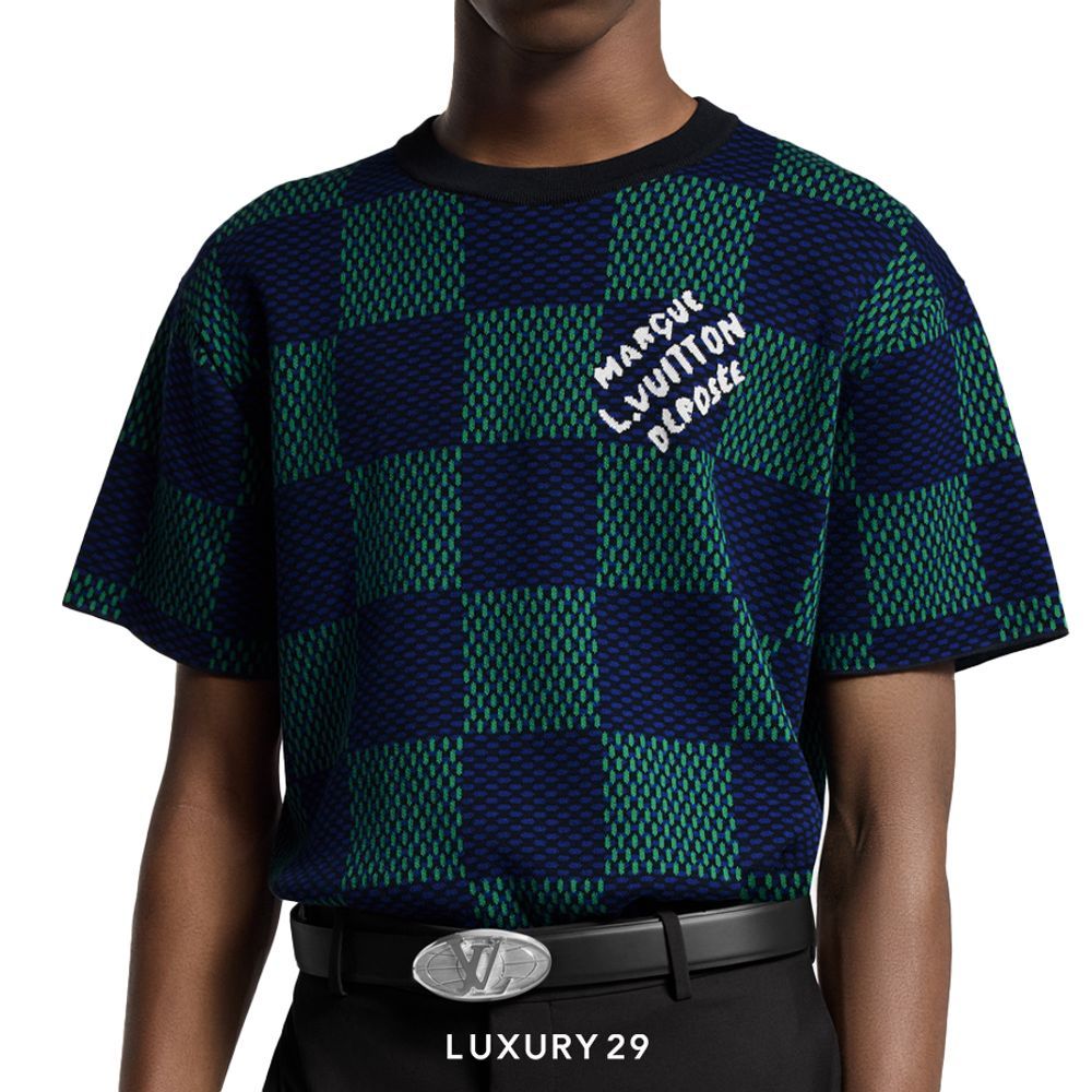 Louis Vuitton LV Jacquard Damier Short-Sleeved Cotton Crewneck Clematis Blue(S, Green)