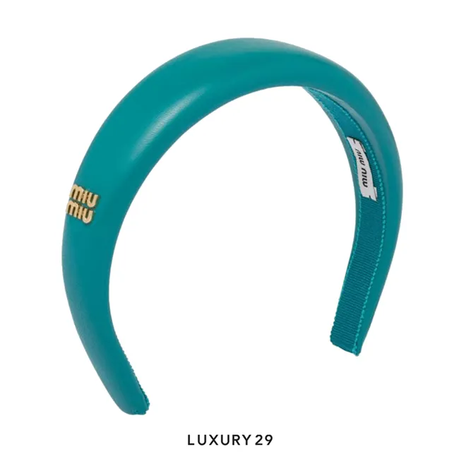 Miu Miu Nappa Leather Headband With Metal Lettering Logo Peacock Blue