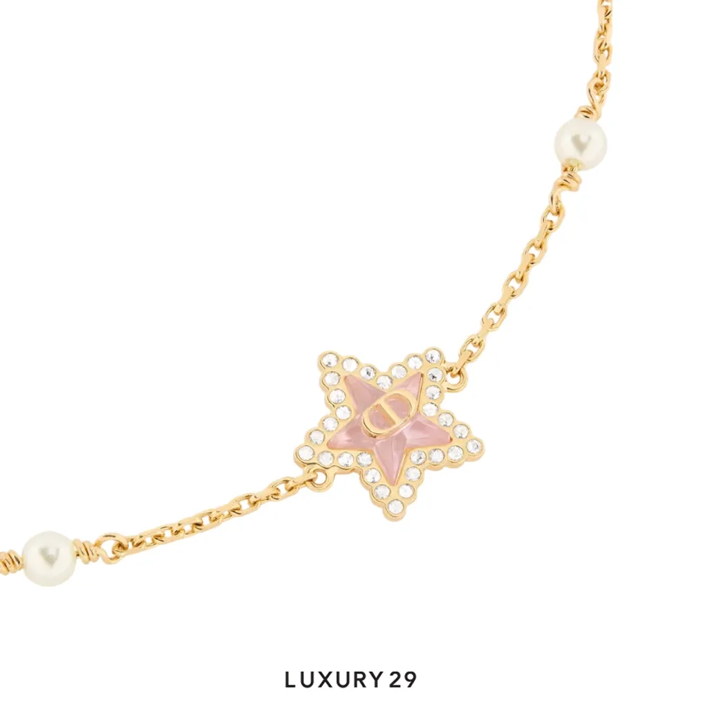Dior Petit CD Lucky Baroque Bracelet Gold-Finish Metal, White Resin Pearls, Silver-Tone Crystals and Macaron Pink Glass(Free Size, Gold)