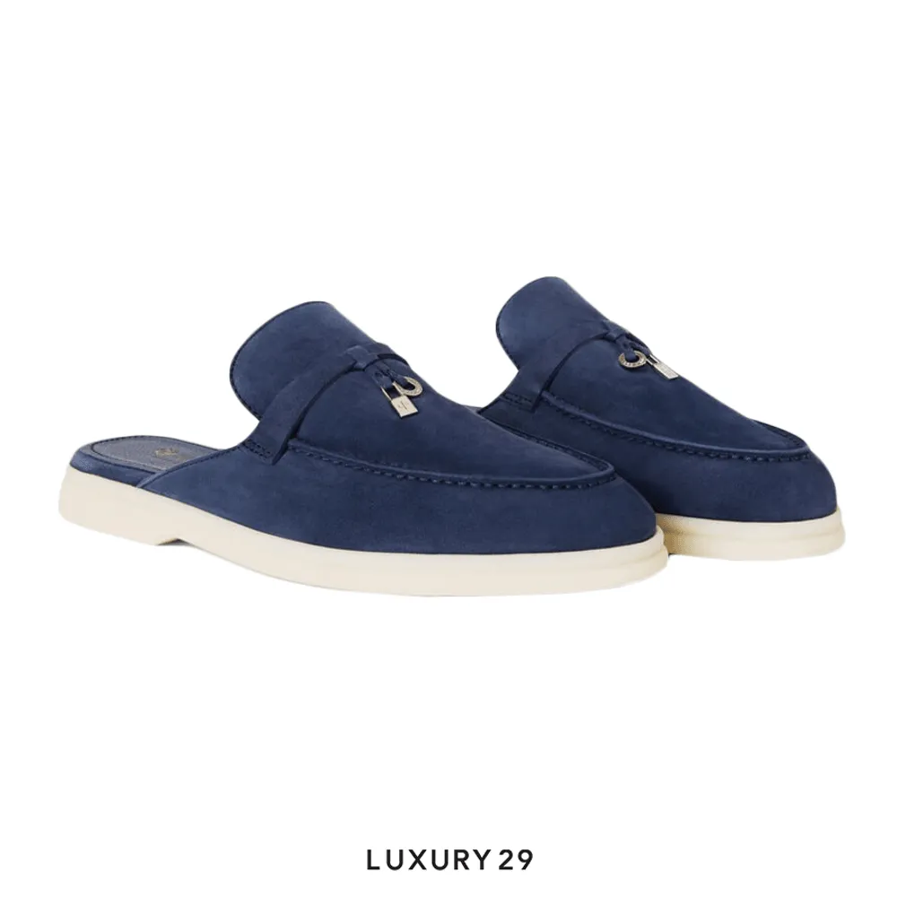 Loro Piana Babouche Charms Walk Loafers Suede Goatskin True Dark Blue(39.5, Blue)