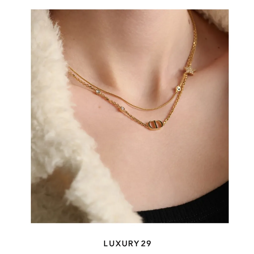 Dior Petit CD Double Necklace Gold-Finish Metal and White Crystals(Free Size, Gold)