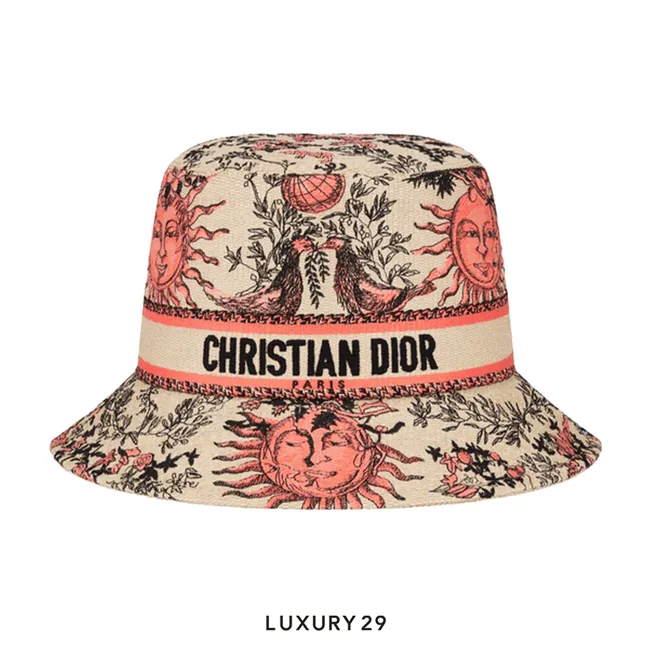 Dioriviera D-Bobby Toile de Jouy Soleil Small Brim Bucket Hat Coral and Beige Embroidery