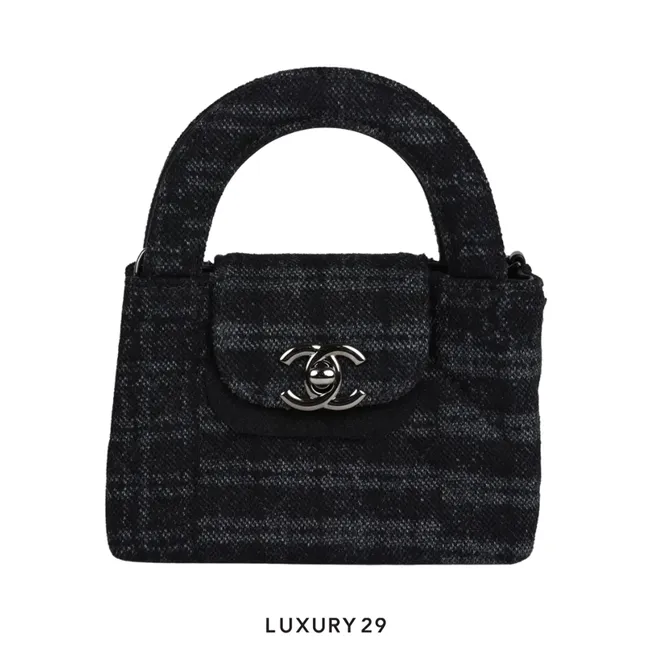 Chanel Micro Shopping Bag Printed Denim & Ruthenium-Finish Metal Black & Grey