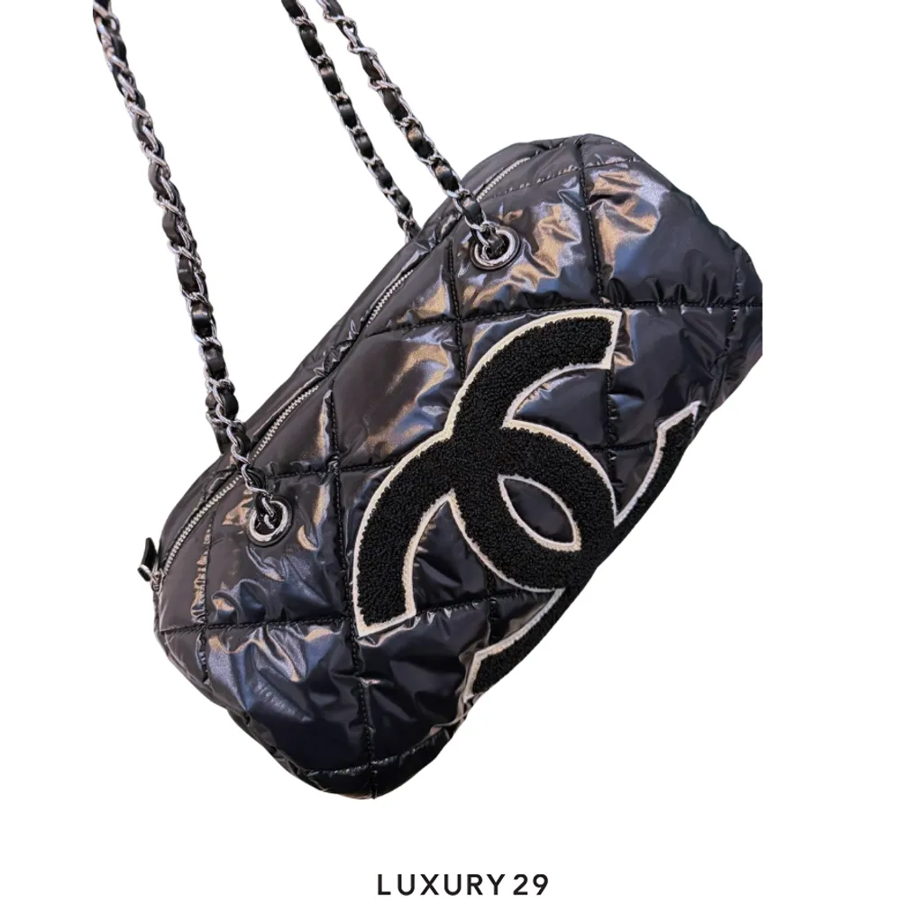 Chanel Large bowling bag Nylon, wool, and silver metal Black/White(Large, Black)