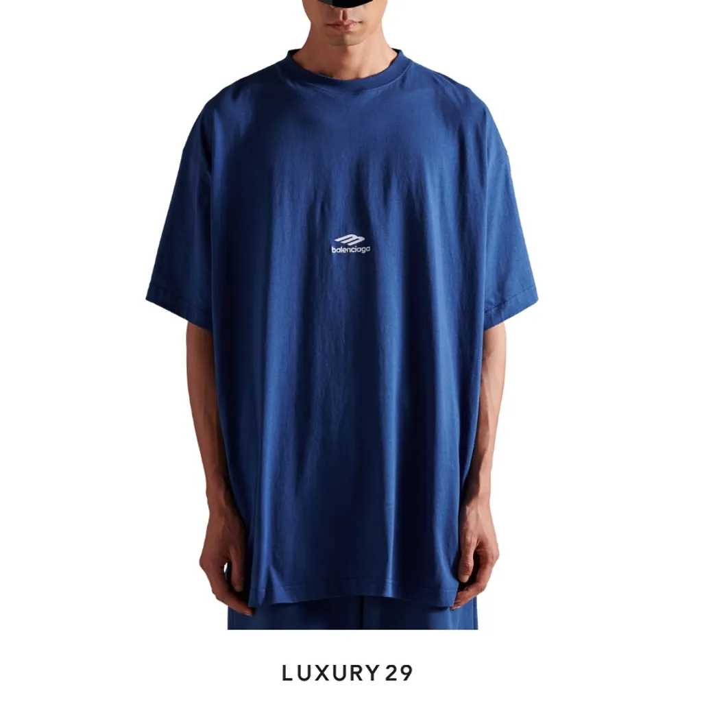 Balenciaga 3b Sports Icon Oversized T-shirt in Light Marine Blue/white(M, Blue)