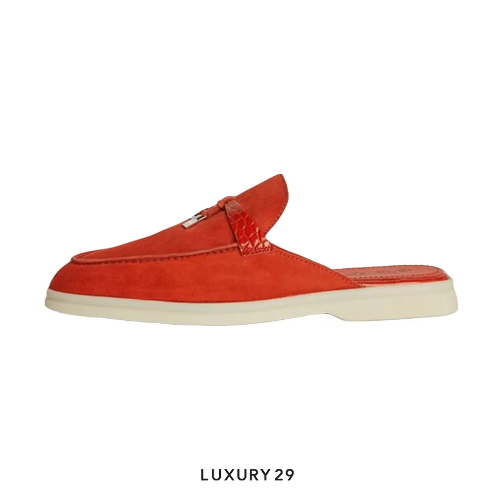 Loro Piana Nautical Charms Walk Babouche Loafers Suede Orange Flame(39, Orange)