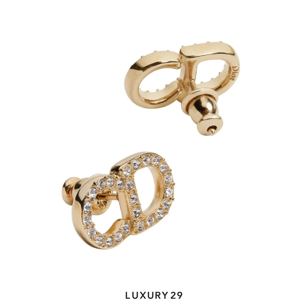 Dior CD Signature Stud Earrings Gold-Finish Metal and Crystals(Free Size, Gold)
