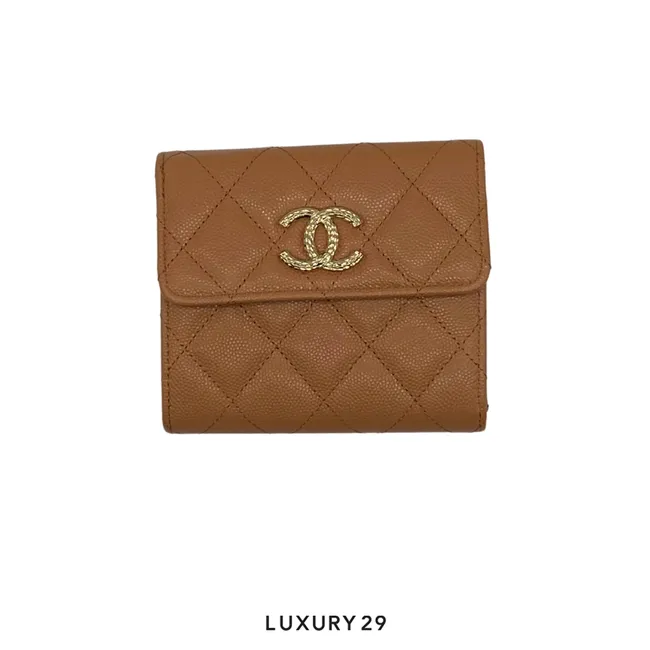 Chanel Caviar Metal Perforated Quilted CC Flap Card Holder Beige
