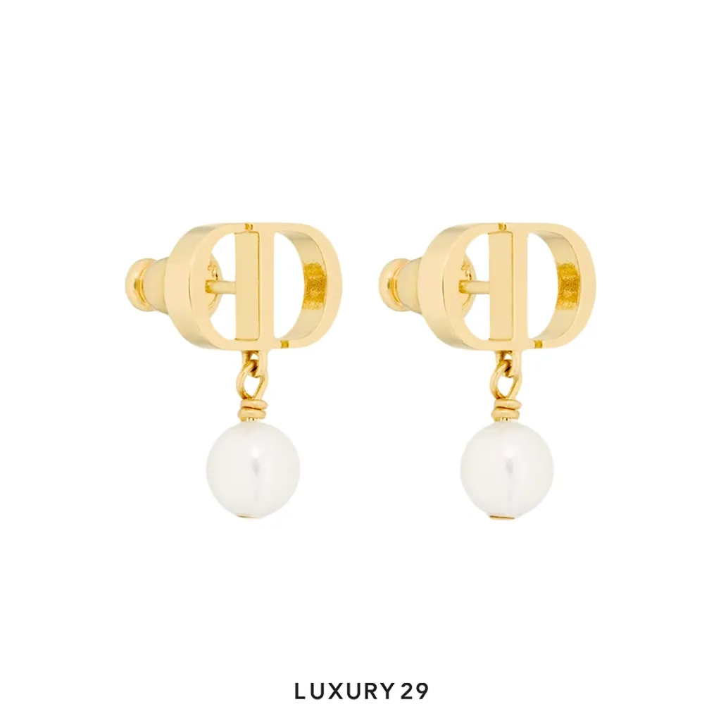 Dior Petit CD Earrings Gold-Finish Metal and White Resin Pearls(Free Size, Gold)