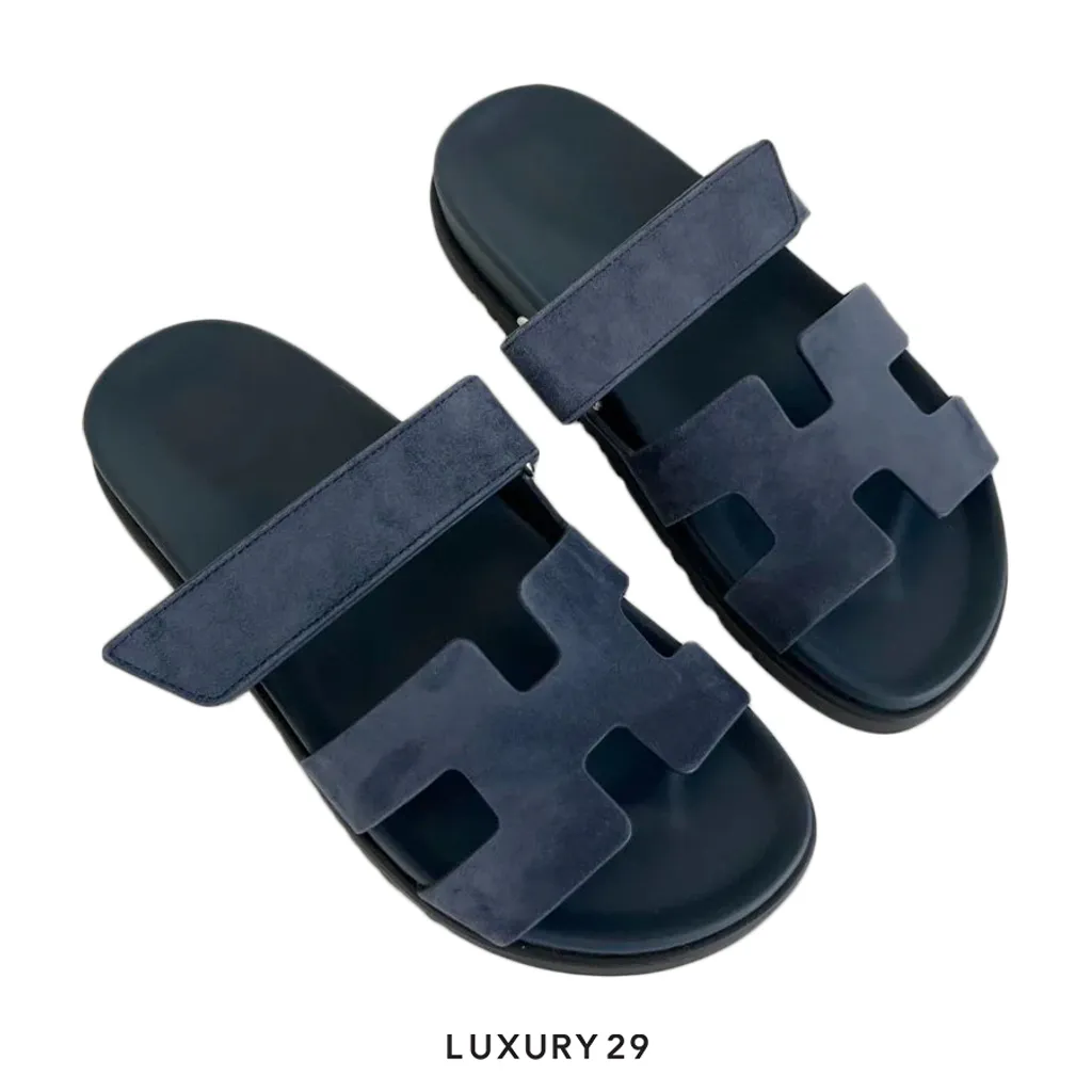 Hermes Chypre Sandal Cherve Velours Bleu Turouin(W)(38, Blue)
