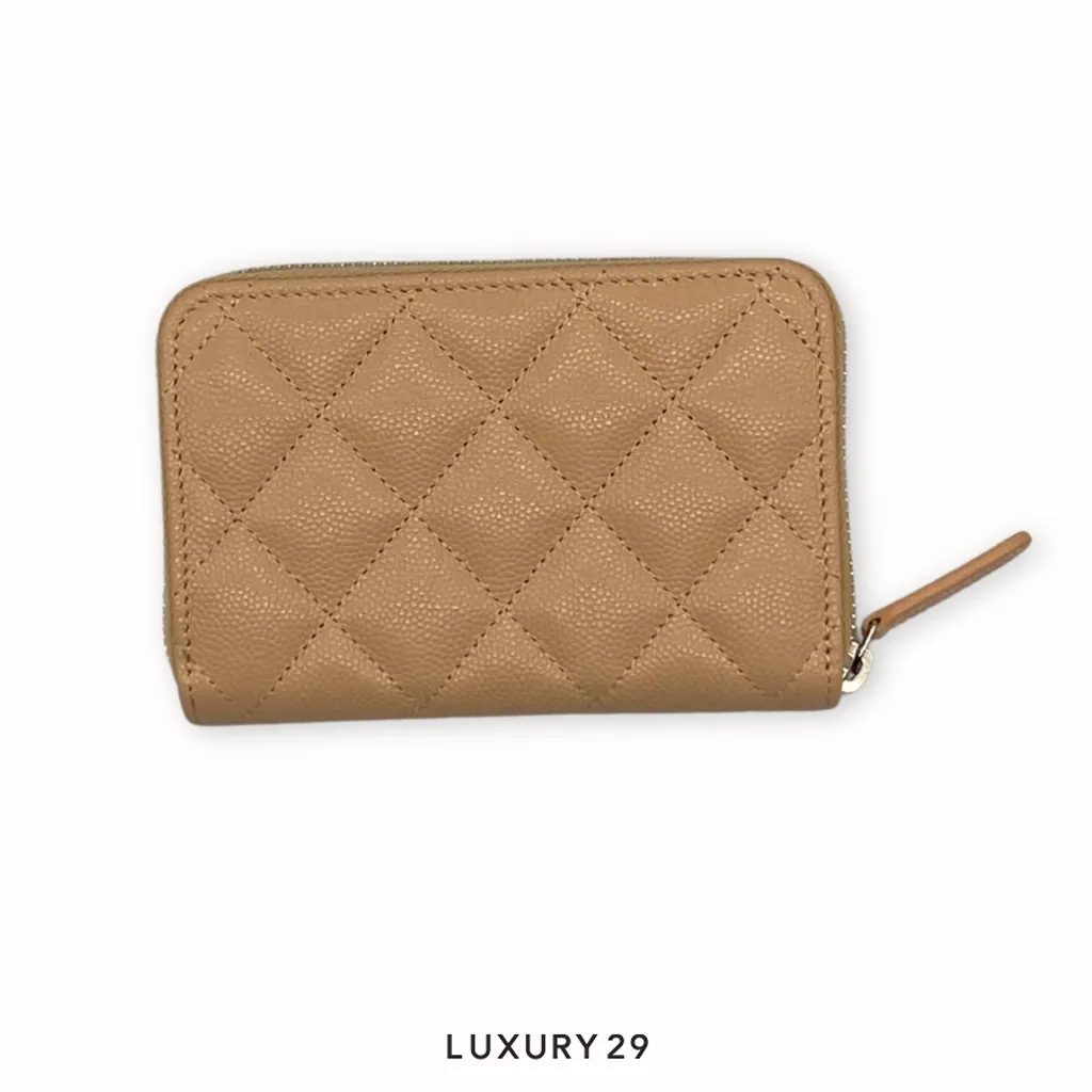 Chanel Classic embossed double C LOGO diamond pattern calfskin coin clip(Small, Neutrals)