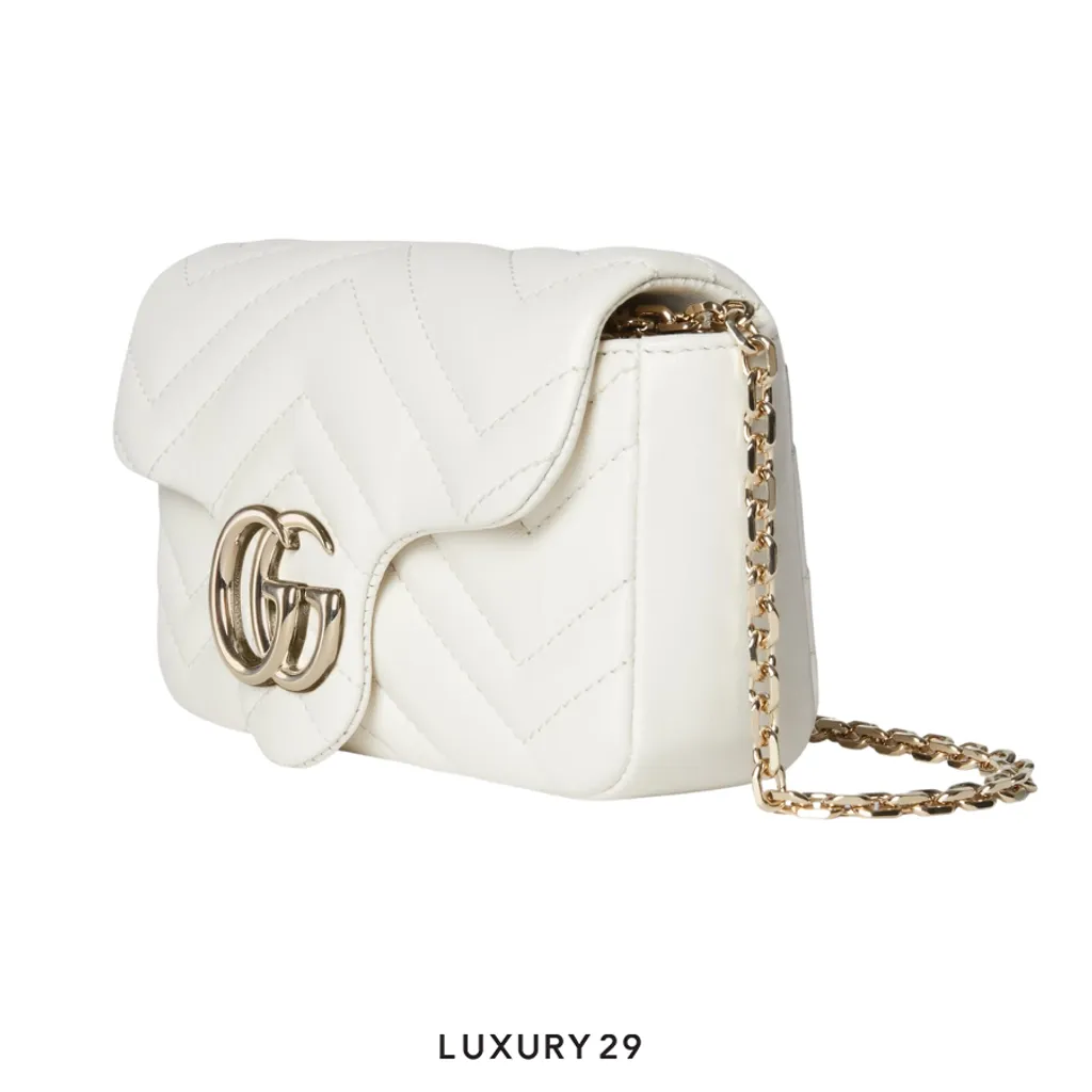 Gucci GG Marmont mini shoulder bag White matelasse chevron lambskin leather Double G Logo Gold Hardware White(Mini, White)