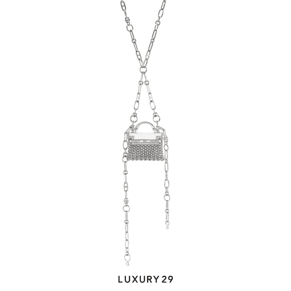 Hermes Limited Edition 18K White Gold and Diamond Precieux Kelly Necklace(Free Size, Silver)