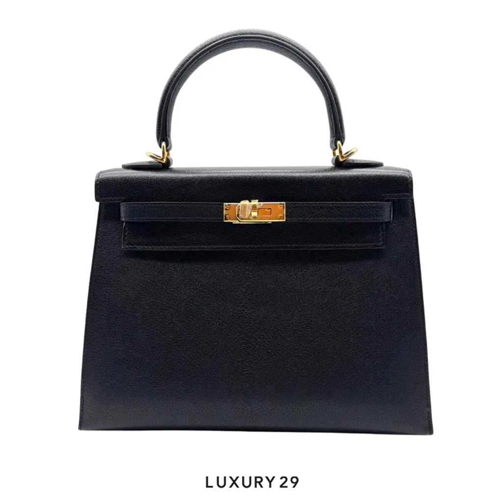 Hermes Kelly Sellier 25 Chevre mysore Noir Gold Hardware / B Stamp (2023)(Small, Black)