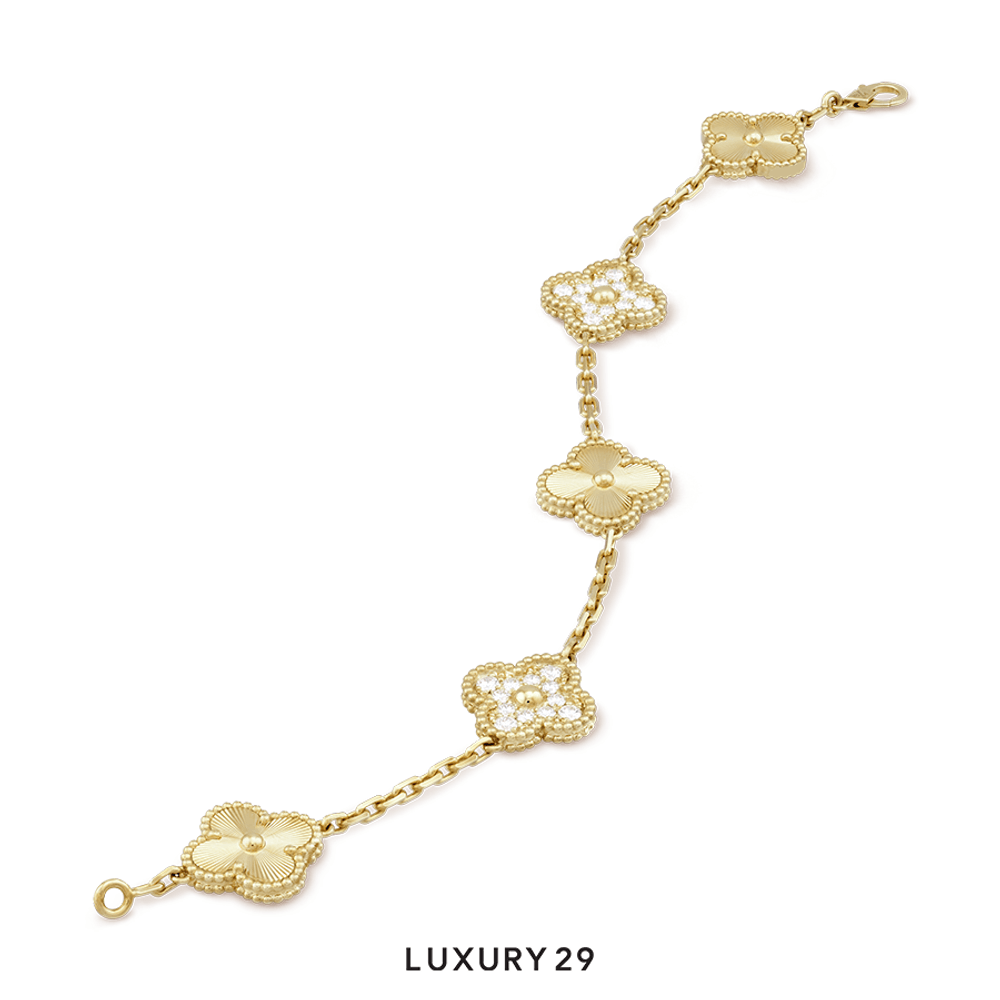 Van Cleef & Arpels Vintage Alhambra bracelet, 5 motifs 18K yellow gold, Diamond(Free Size, Gold)