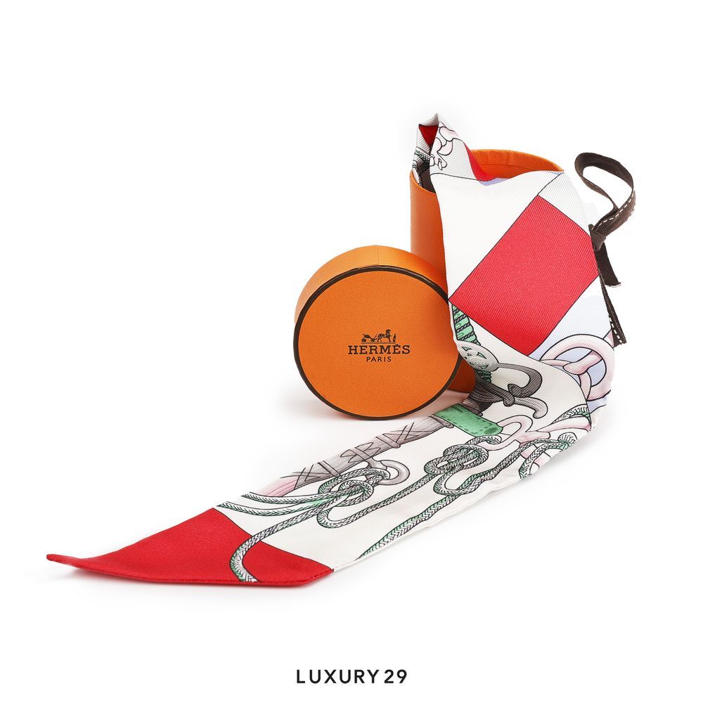 Hermes Cliquetis twilly Grenadine / Blanc / Vert(Free Size, Grey)