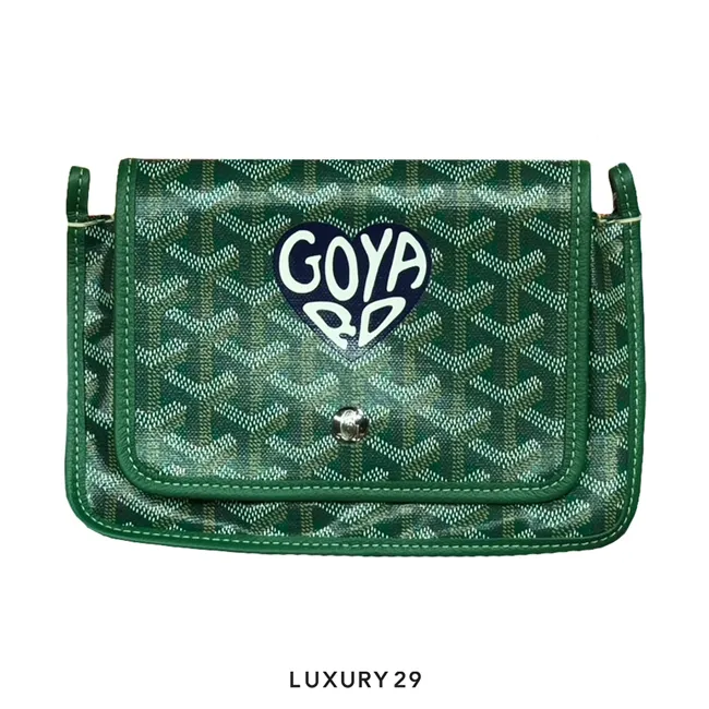 Goyard Plumet Pocket Wallet Green Hand-Painted Heart Navy Blue