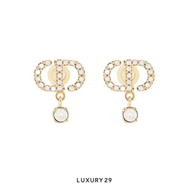 Dior Petit CD Earrings Gold-Finish Metal and White Crystals