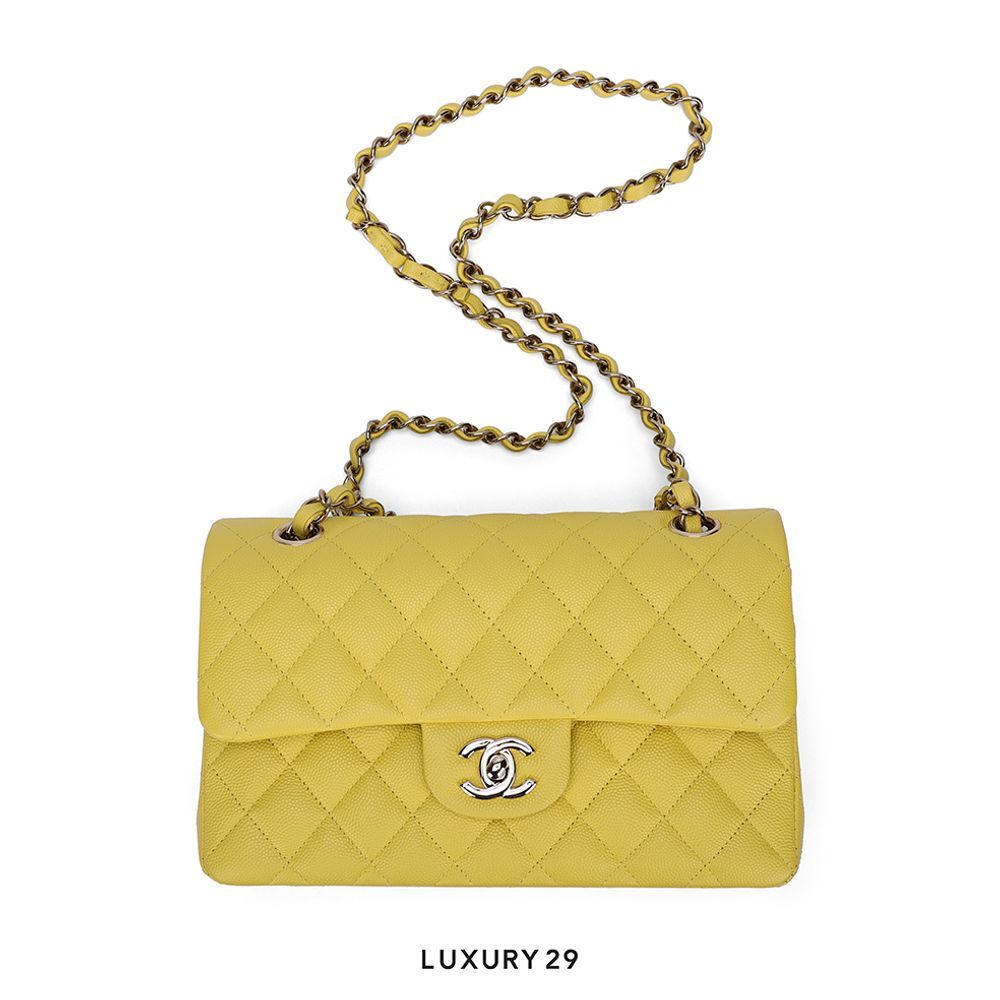 Chanel Small Classic Double Flap Bag Yellow Caviar Light Gold Hardware(Small, Yellow)