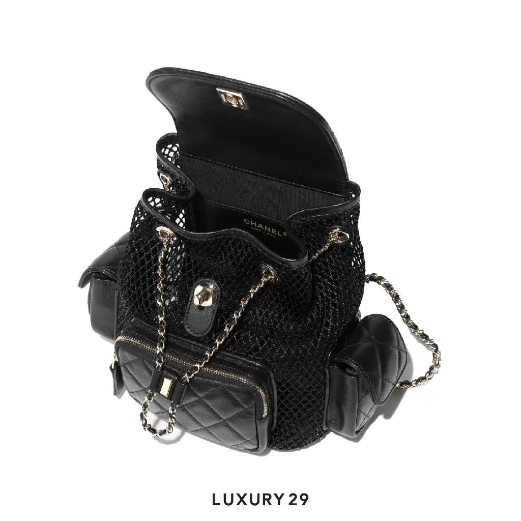 Chanel Backpack Mesh Shiny Lambskin & Gold-Tone Metal Black(Small, Black)
