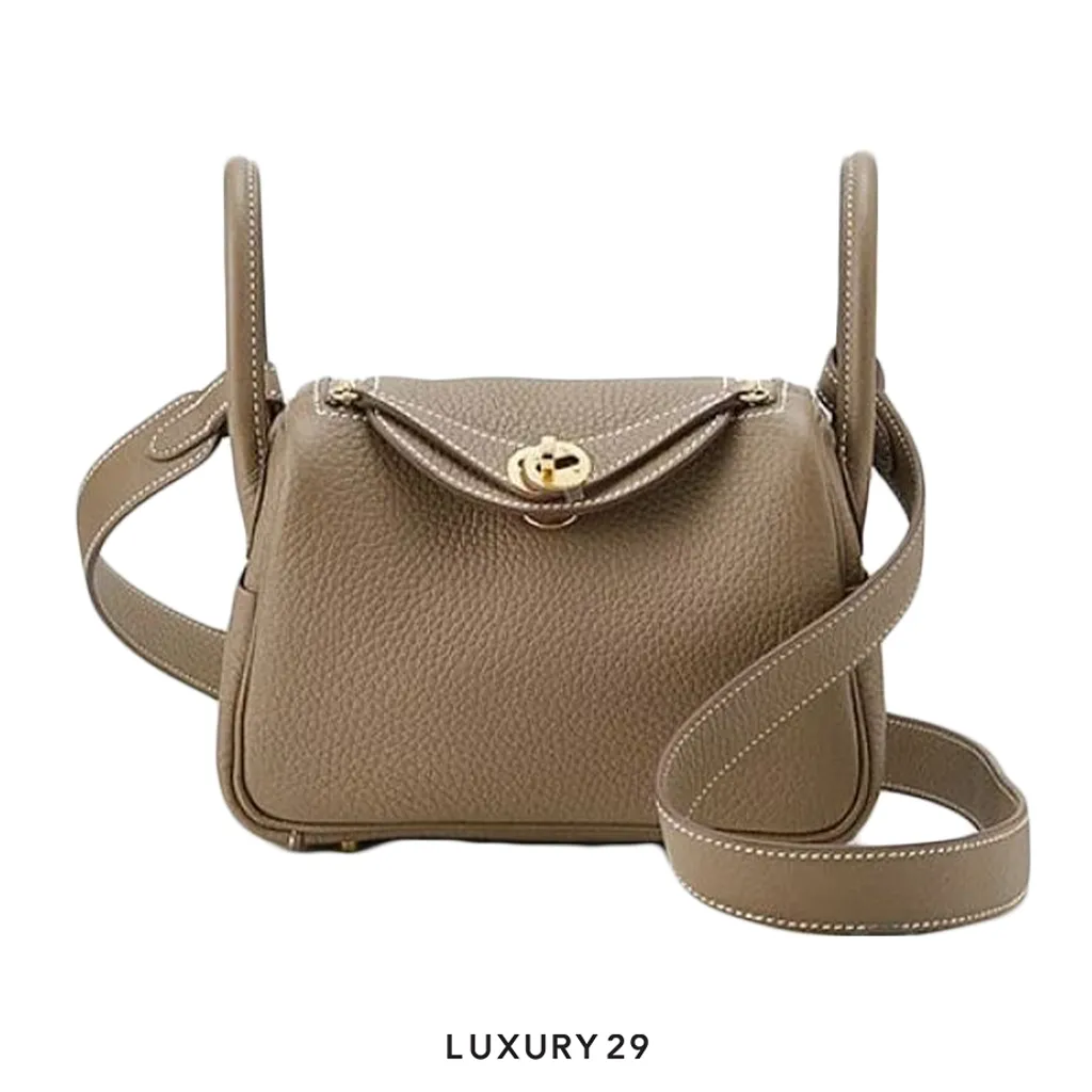 Hermes Lindy Mini II Taurillon Clemence Gold Hardware Etoupe(Mini, Brown)