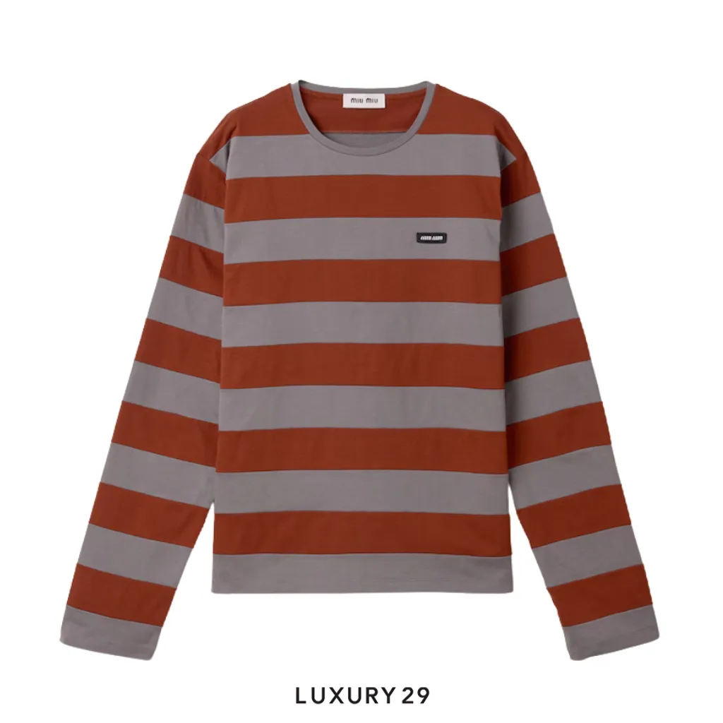 MIU MIU Striped jersey t-shirt Iron/Tobacco(XS, Brown)