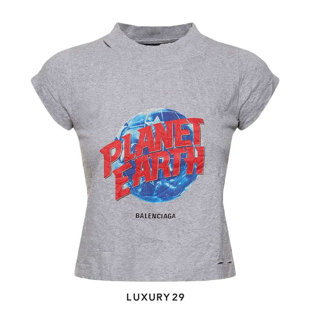 Balenciaga Women's Planet Earth Shrunk T-Shirt in Grey(S, Grey)