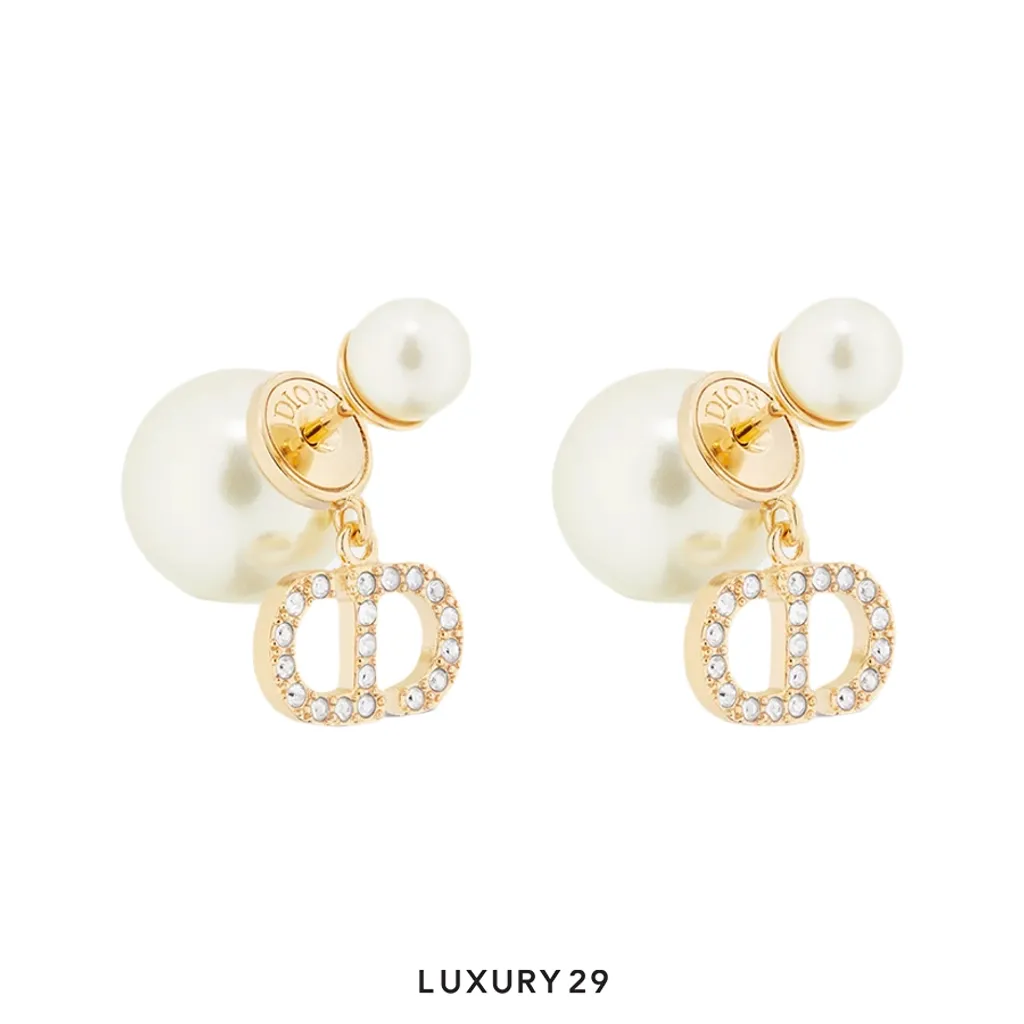 Dior Tribales Earrings Gold-Finish Metal with White Resin Pearls and Silver-Tone Crystals(Free Size, Gold)
