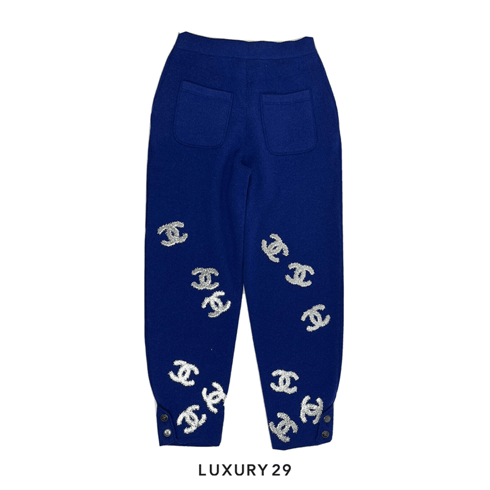 Chanel BLUE SILVER CASHMERE OVERSIZED UNISEX PANTS(XS, Blue)