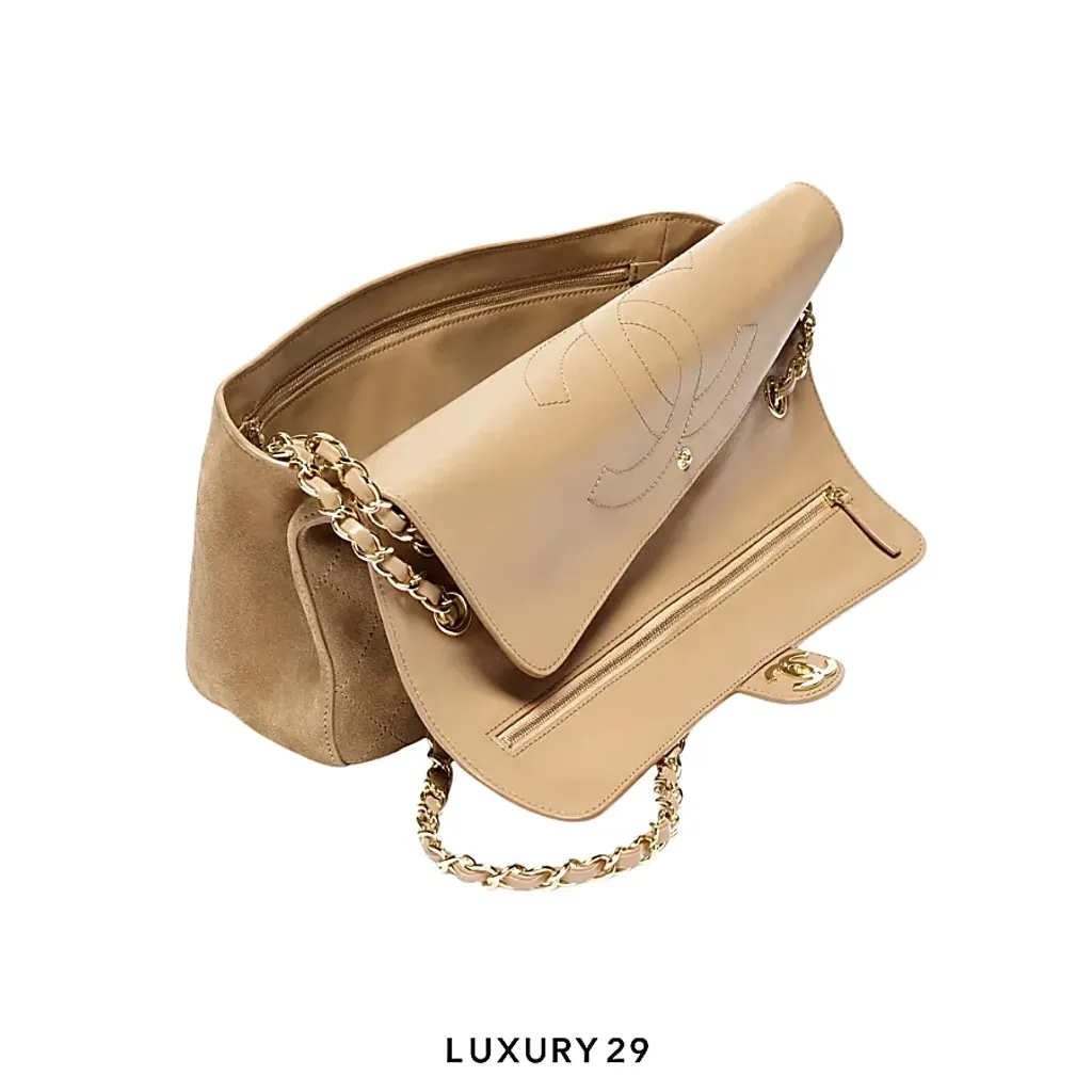 Chanel Spring Summer 2026 Maxi Flapbag Suede Calfskin & Gold Metal Dark Beige(Small, Brown)