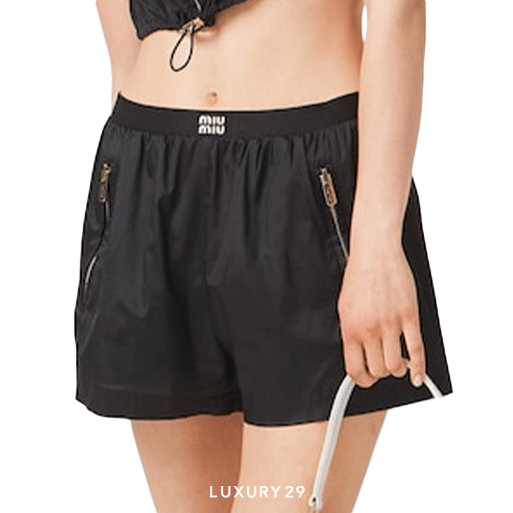 MIU MIU Technical silk shorts with printed logo Black(2XS, Black)