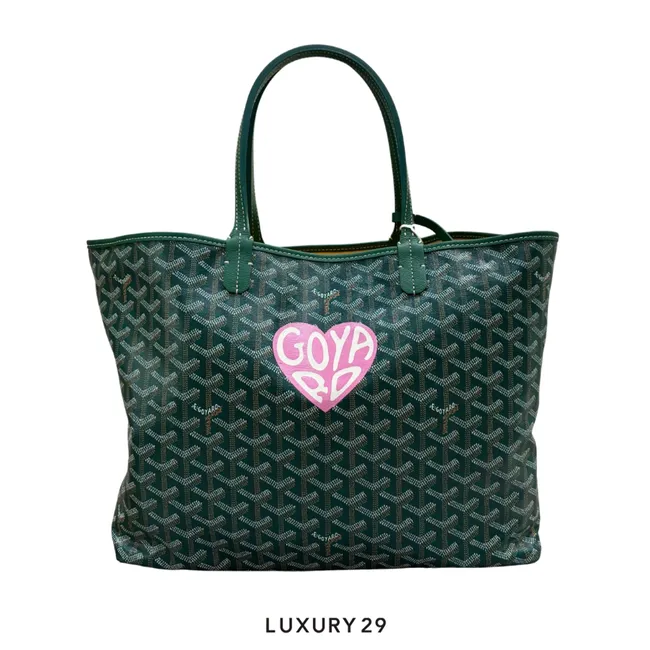 Goyard Saint Louis PM Bag Green Hand-Painted Heart Pink
