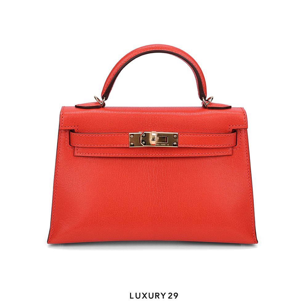 Hermes Kelly Sellier 20 Feu Chevre Gold hardware(Mini, Red)