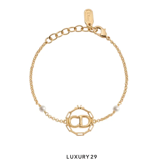 Dior CD Circle Chain Bracelet Gold-Finish Metal, White Resin Pearls and Crystals