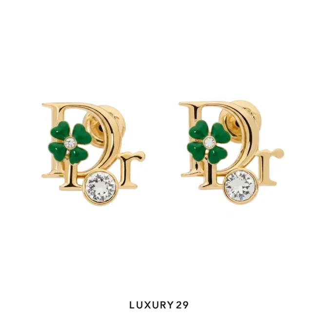 Dior Clover Earrings Gold-plated metal, crystals, and a lucky clover green