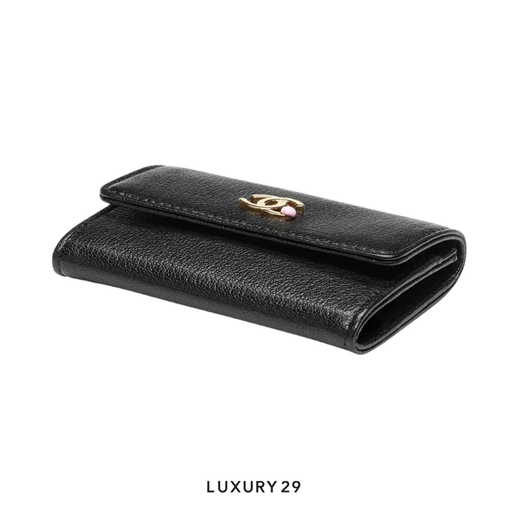 Chanel Card holder Grained goatskin leather enamel and gold-colored metal black(Small, Black)