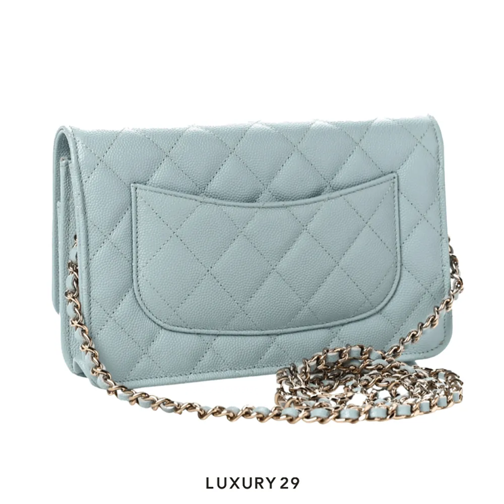 Chanel Wallet On Chain WOC In Grained Calfskin With Light Gold-Tone Metal Light Blue(Small, Blue)