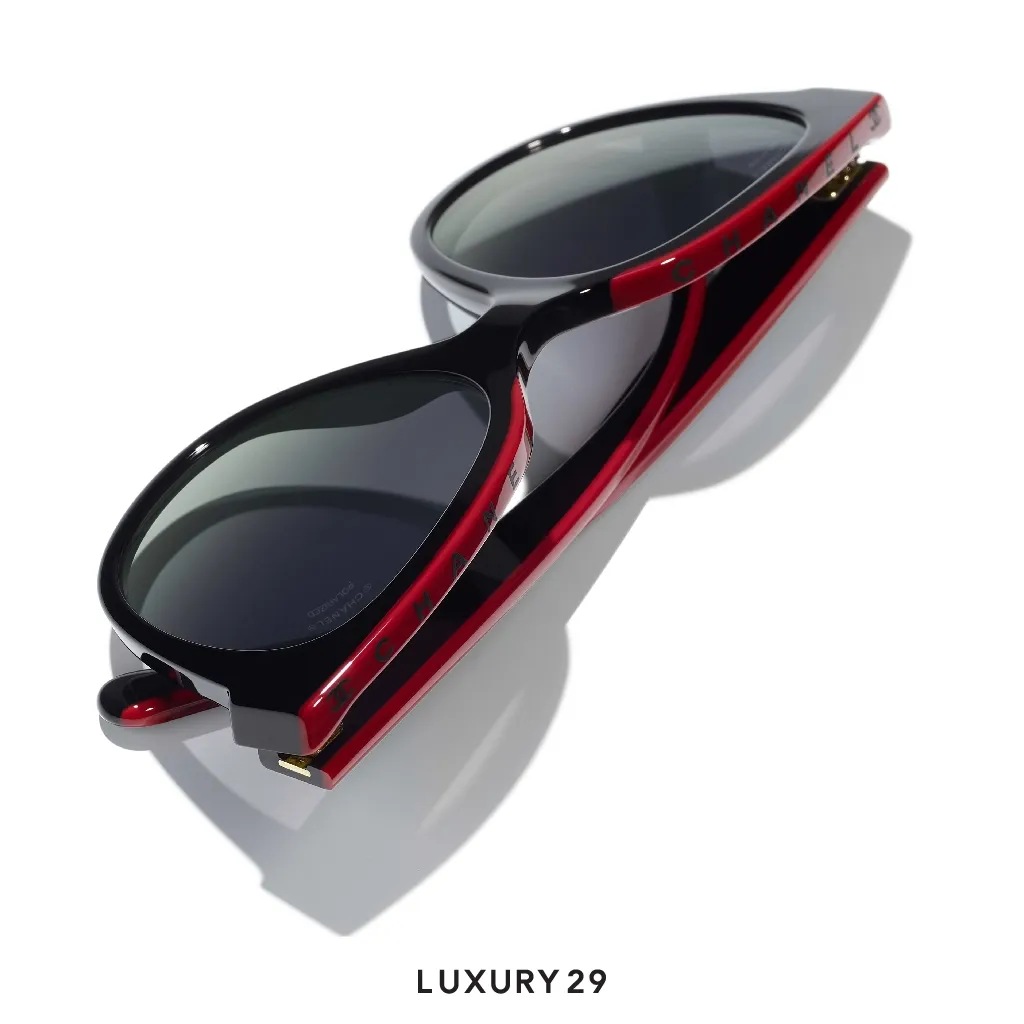 Chanel Square Eyeglasses Acetate Black & Red(Free Size, Black)