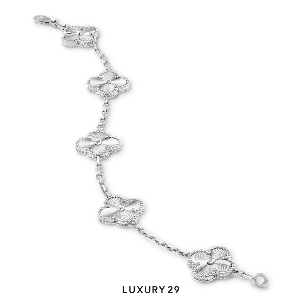 Van Cleef & Arpels Vintage Alhambra Bracelet, 5 motifs 18K white gold(Free Size, Silver)