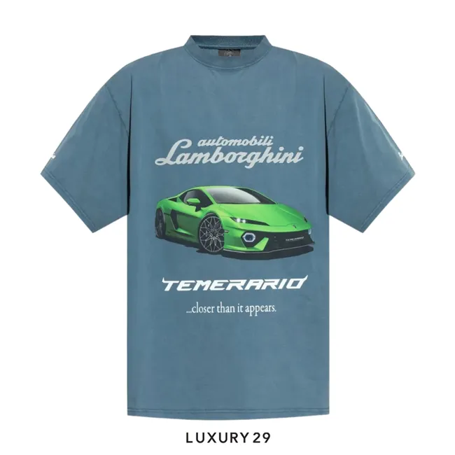 Balenciaga LAMBORGHINI Oversized Print Cotton-Jersey T-Shirt Navy Blue