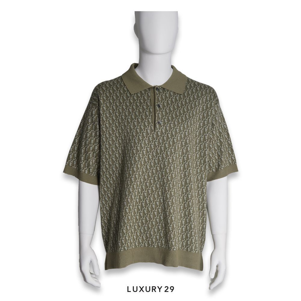 Dior Oblique Polo Shirt Khaki Cotton Jacquard(2XL, Green)