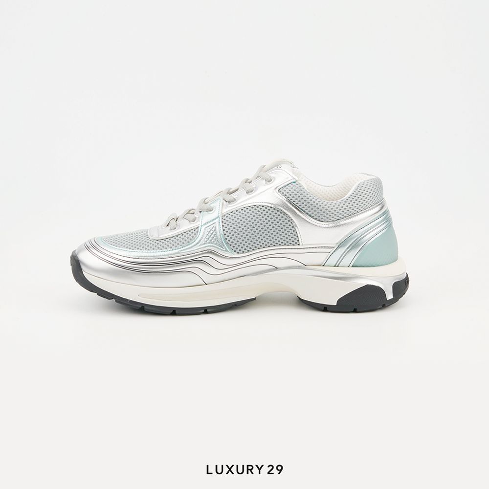 Chanel Trainers Fabric & Laminated Light Gray & Silvered(44, Grey)