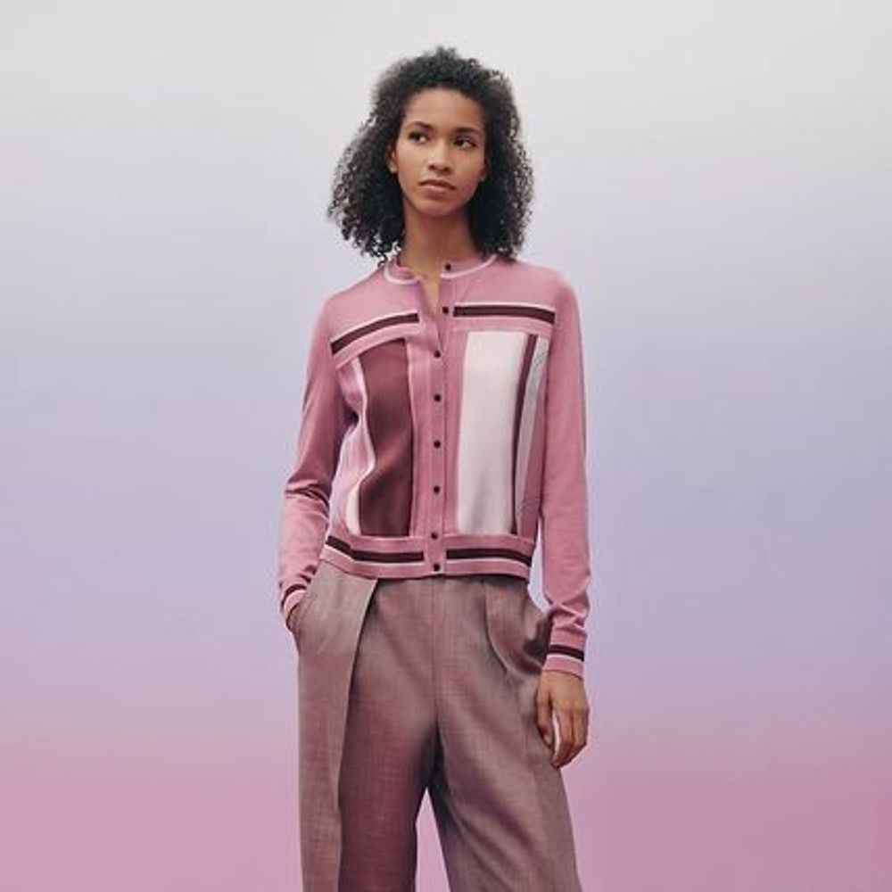 Hermes "Ex-Libris" long-sleeve twillaine cardigan Rose Aphrodite(XS, Pink)