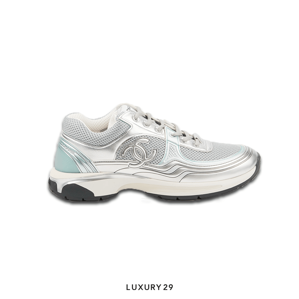 Chanel Trainers Fabric & Laminated Light Gray & Silvered(44, Grey)