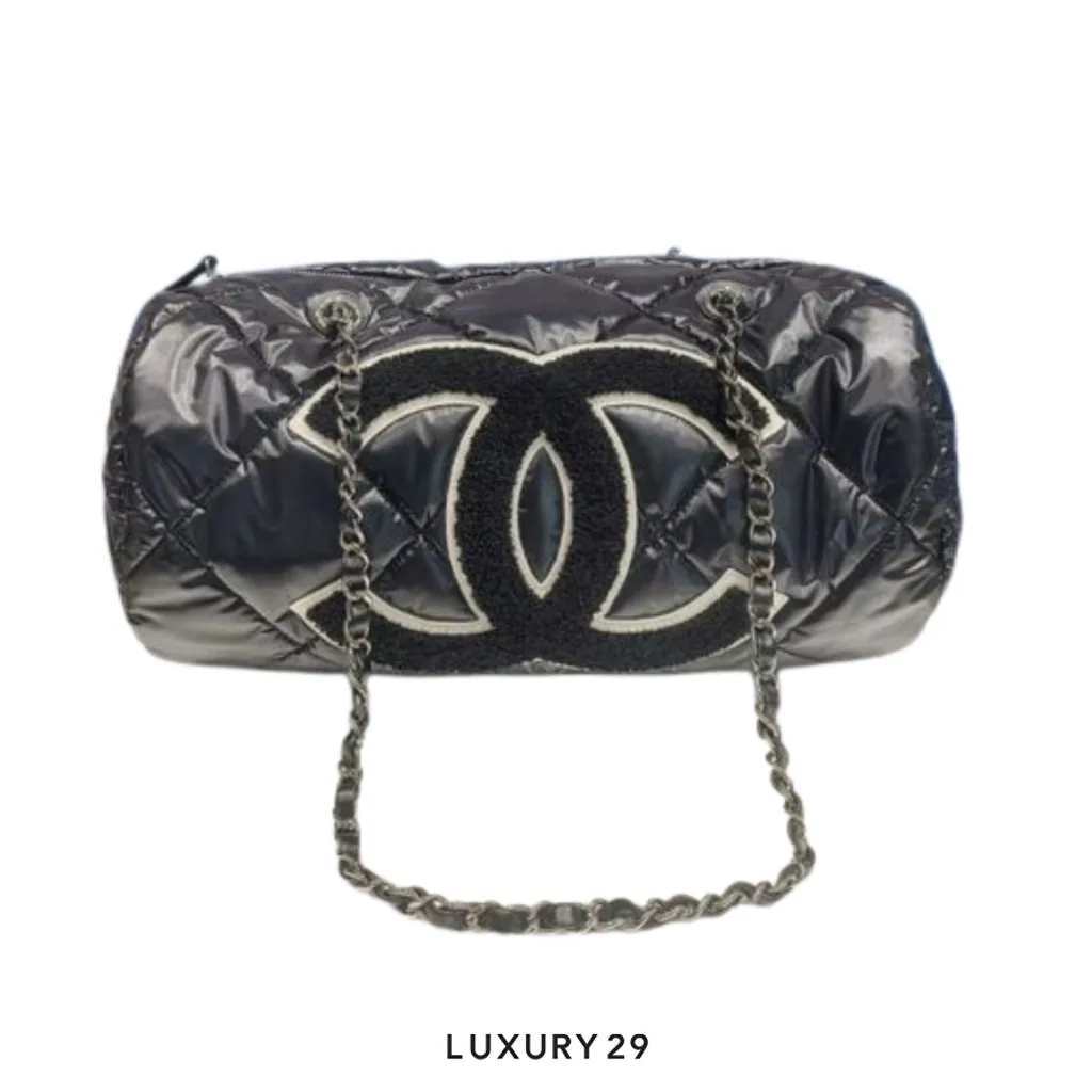 Chanel Large bowling bag Nylon, wool, and silver metal Black/White(Large, Black)