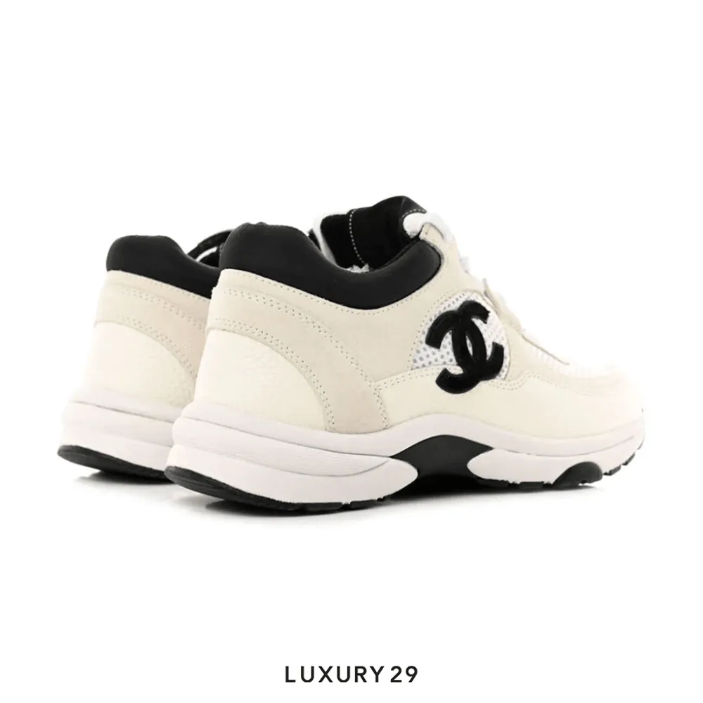 Chanel Trainers Fabric & Suede Calfskin White Black (Women's)(44, White)