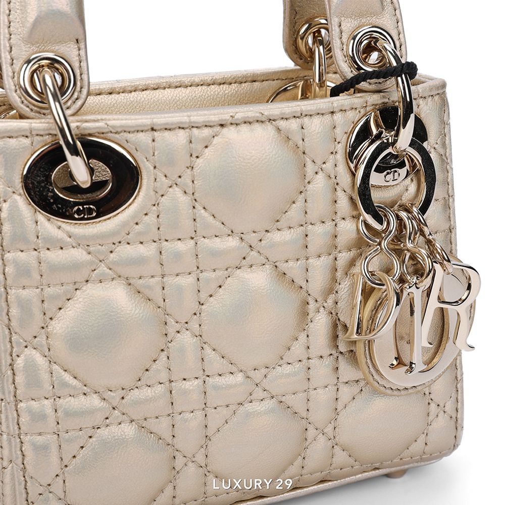 Dior Or Lady Dior Micro Bag Iridescent Metallic Gold-Tone Cannage Lambskin(Mini, Gold)